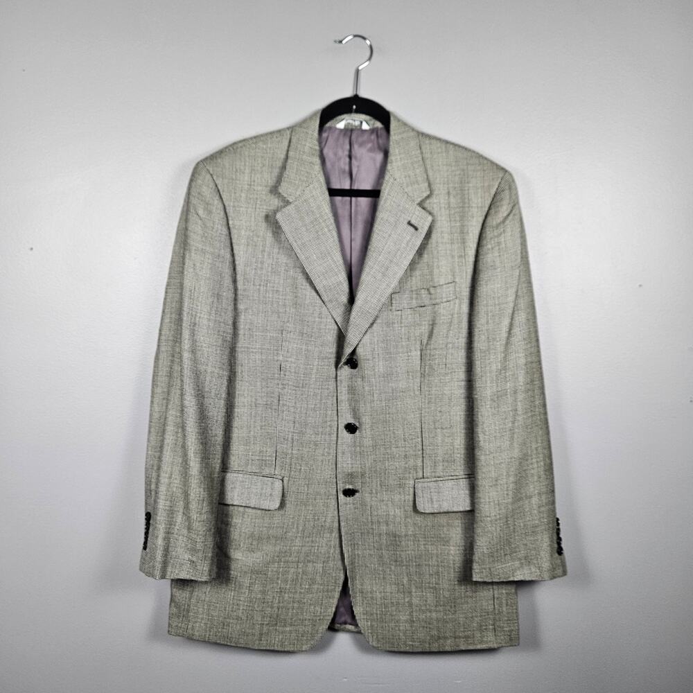 Marshall Fields Mens‎ 42L Blazer Silk Wool Houndstooth Sport Coat Black Ivory